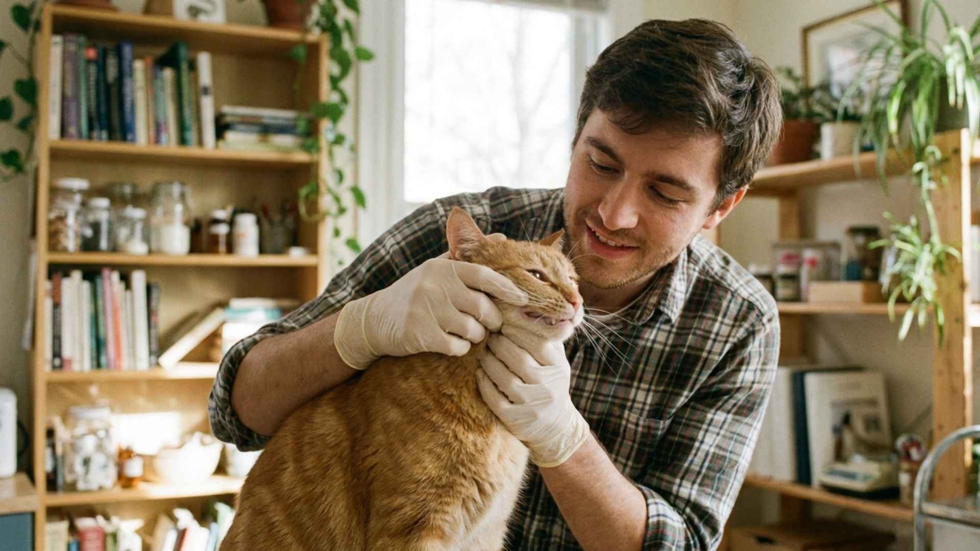 Hombre revisando la boca de su gato